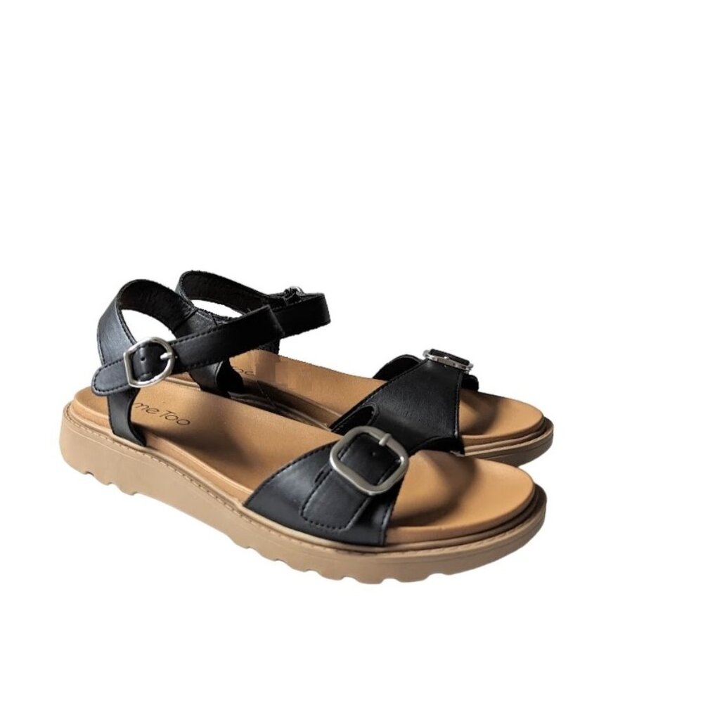 Me Too Womens Black Buckle Strap Low Wedge Heel Sandals Size 8.5 New w/o Box